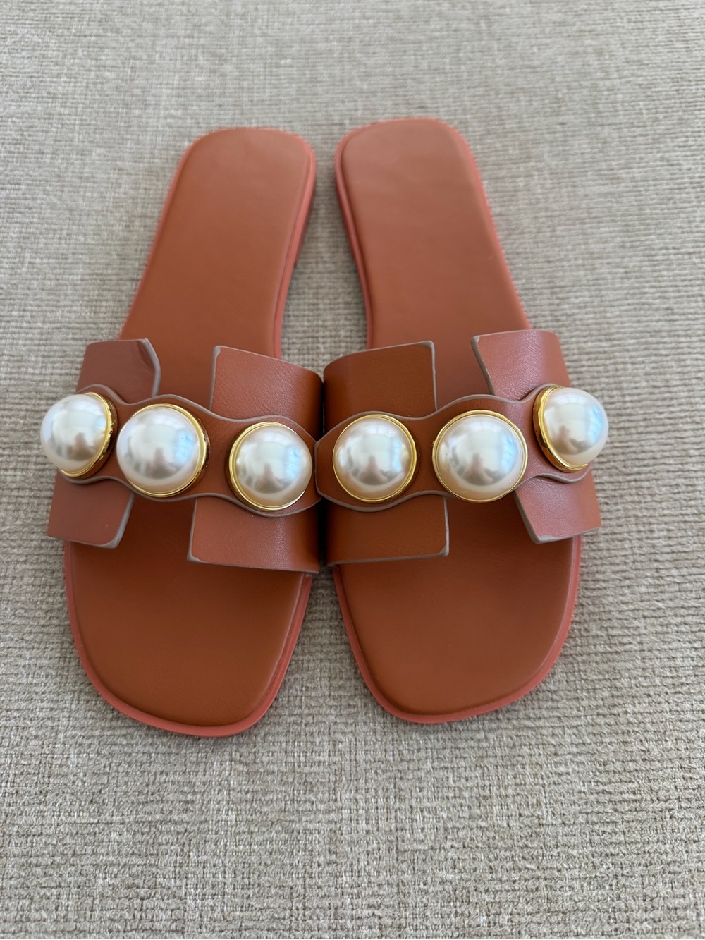 Women's Brown Pearl-Embellished Slide Sandals